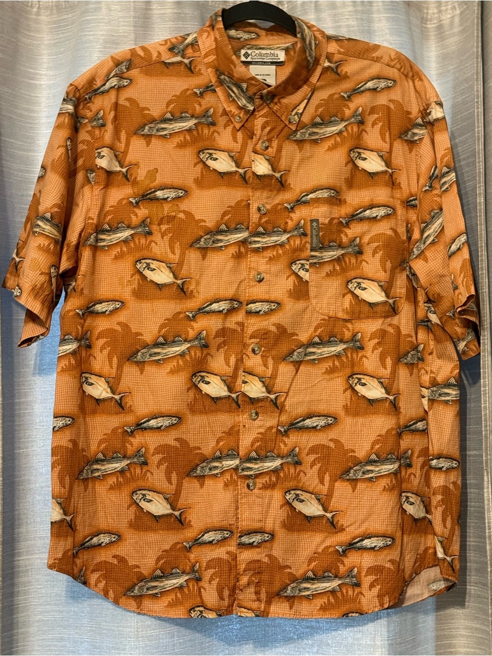 Columbia Short Sleeve Casual Shirt Fish 100% Cotton Size L Snook Pompano Redfish